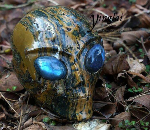 ocean jasper alien skull head with labradorite eye