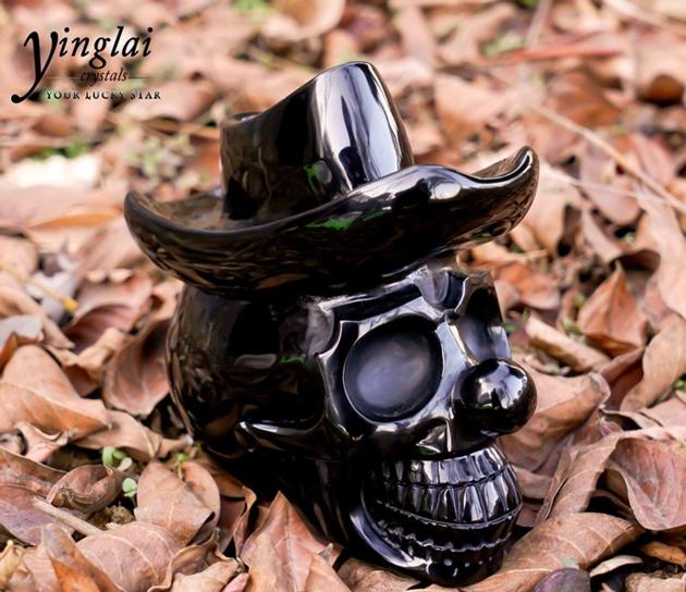 obsidian human skull with hat crystal skull