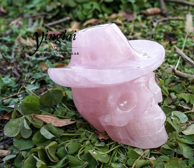 rose quartz human skull with hat crystal skull for healing