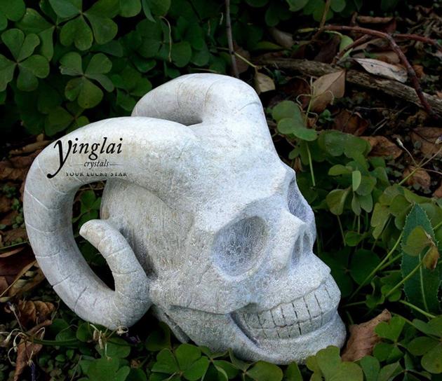 Coral jasper human skull with horn crystal skull
